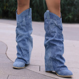 Chaussures de porte rondes décontractées à pompons bleu clair, couleur unie (hauteur du talon 2.36 pouces)