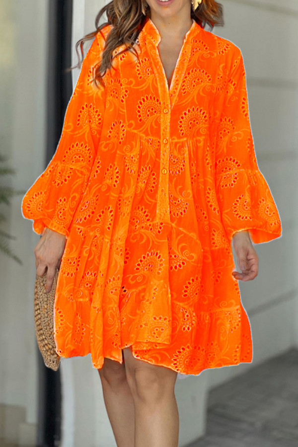 Oranje elegante effen kant uitgeholde V-hals A-lijn jurken