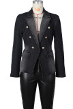 Black Casual Solid Patchwork Turndown Collar Long Sleeve Regular Double Breasted Blazer Denim Jacket