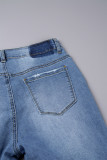 Azul sexy sólido rasgado retalhos bolso botões zíper cintura baixa jeans skinny