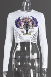 White Casual Print Hollowed Out Basic O Neck T-Shirts