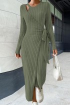 Army Green Casual Solid Frenulum O Neck Long Sleeve Dresses