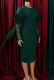 Green Elegant Solid Lace Patchwork O Neck Wrapped Skirt Dresses