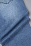 Jean en denim bleu sexy, déchiré, couleur unie, boutons de poche, fermeture éclair, taille basse, slim