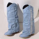 Chaussures de porte rondes décontractées à pampilles, couleur unie, bleu profond (hauteur du talon 2.36 pouces)