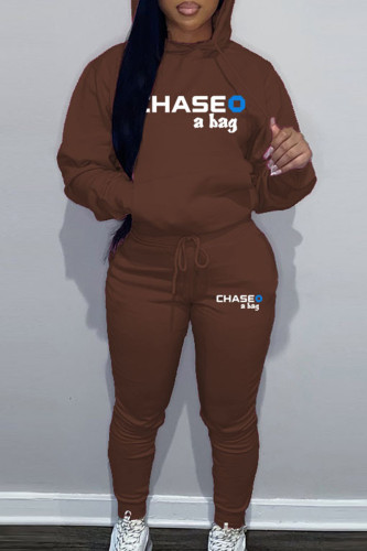 Brown Sportwear Casual Letter Print Hooded Collar Long Sleeve Sweatshirt And Draw String Pants Two Pieces Sweatsuit Sets