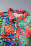 Multicolor Casual Print Patchwork Buckle Turndown Collar Long Sleeve Two Pieces