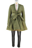 Army Green Casual Solid Patchwork With Belt V Neck Outerwear