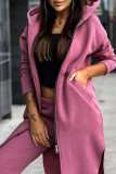 Pink Casual Solid Patchwork Pocket High Opening Slit Zipper Hooded Collar Long Sleeve Two Pieces