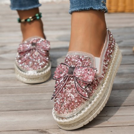 Zapatos planos cómodos y redondos con diamantes de imitación y retazos informales de color rosa para exteriores