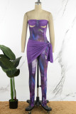 Фиолетовый сексуальный узкий комбинезон с вырезом в стиле пэчворк и открытой спиной без бретелек