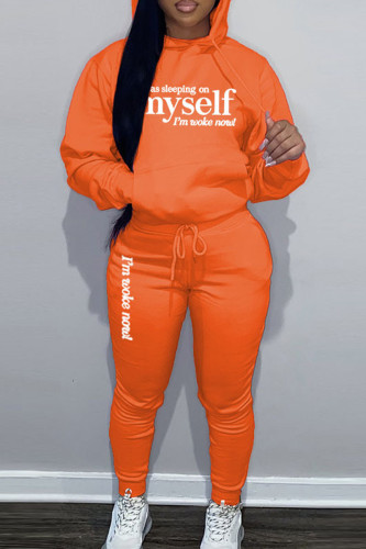 Orange Sportwear Casual Letter Print Hooded Collar Long Sleeve Sweatshirt And Draw String Pants Two Pieces Sweatsuit Sets