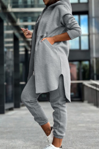 Light Gray Casual Solid Patchwork Pocket High Opening Slit Zipper Hooded Collar Long Sleeve Two Pieces