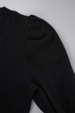 Robes noires élégantes à bandes solides, patchwork, col rond, manches longues