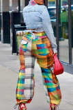 Multicolorido cor de rua bloco bandagem retalhos bolso botões zíper solto cintura alta perna larga retalhos bottoms