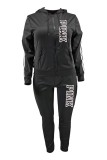 Black Casual Letter Print Patchwork Hooded Collar Plus Size Two Pieces (Without Vest)