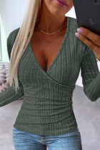 Gray Green Casual Solid Patchwork V Neck Tops