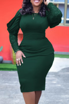 Зеленые элегантные однотонные кружевные лоскутные платья с круглым вырезом и юбкой с запахом
