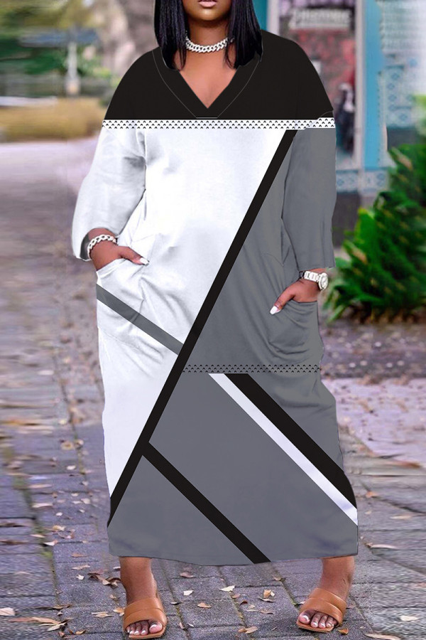 Branco cinza casual estampado básico decote em V vestidos de manga comprida