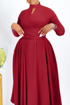 Rode elegante effen uitgeholde patchwork O-hals A-lijn jurken