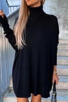 Vestidos de manga comprida pretos casuais sólidos básicos gola alta