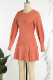 Orange Casual Solid Backless O-hals långärmade klänningar