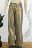 Goldfarbene, lässige, bronzierende Patchwork-Jeans mit mittlerer Taille und geradem Schnitt
