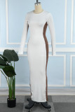 Белые повседневные лоскутные платья с длинными рукавами и контрастным круглым вырезом в стиле пэчворк