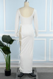 Белые повседневные однотонные платья с длинными рукавами и вырезом U-образным вырезом