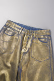 Jeans in denim dritto a vita media con patchwork abbronzante casual argento