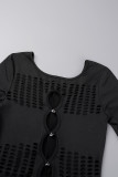 Zwarte sexy effen uitgeholde patchwork hete boor skinny jumpsuits met O-hals