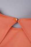 Oranje casual effen rugloze O-hals jurken met lange mouwen