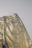 Vaqueros de mezclilla rectos de cintura media con patchwork bronceado informal dorado