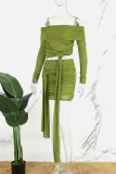 Grön Sexig Solid Patchwork Off the Shoulder Långärmad Två delar
