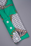 Green Casual Print Basic Turndown Collar Tops