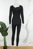 Zwarte sexy effen uitgeholde patchwork hete boor skinny jumpsuits met O-hals