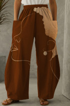 Pantalon taille haute marron décontracté imprimé avec poches patchwork