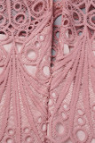 Roze Elegante Effen Uitgeholde Patchwork Met Riem Geplooide O-hals A-lijn Jurken (riem inbegrepen)