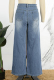 Blue Street Solid Ripped Patchwork Pocket Buttons Zipper Mid Waist Straight Denim Jeans