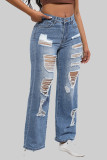 Blue Street Solid Patchwork Pocket Buttons Zipper Mid Waist Straight Wide Leg Baggy Ripped Denim Jeans