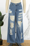 Blaue, einfarbige, zerrissene, Patchwork-Jeans mit Taschen und Knöpfen, Reißverschluss, mittlerer Taille und geradem Denim