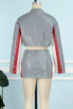 Grey Street Solid Patchwork Buttons Contrast Zipper V Neck Long Sleeve Two Pieces
