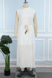 Weiße, süße, einfarbige Patchwork-Frenulum-Kleider mit halbem Rollkragen und ärmellosem Kleid