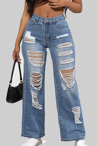 Blue Street Solid Patchwork Pocket Buttons Zipper Mid Waist Straight Wide Leg Baggy Ripped Denim Jeans