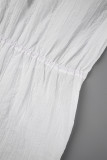 Weiße, sexy, solide Patchwork-Kleider mit V-Ausschnitt und kurzen Ärmeln