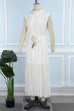 Weiße, süße, einfarbige Patchwork-Frenulum-Kleider mit halbem Rollkragen und ärmellosem Kleid