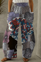 Pantalon taille haute régulier à poches patchwork imprimé décontracté gris