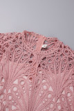 Patchwork rosa elegante sólido vazado com cinto plissado com decote em O Vestidos linha A (cinto incluído)