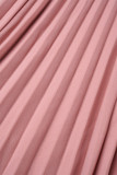 Roze Elegante Effen Uitgeholde Patchwork Met Riem Geplooide O-hals A-lijn Jurken (riem inbegrepen)