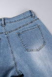 Blaue, einfarbige, zerrissene, Patchwork-Jeans mit Taschen und Knöpfen, Reißverschluss, mittlerer Taille und geradem Denim